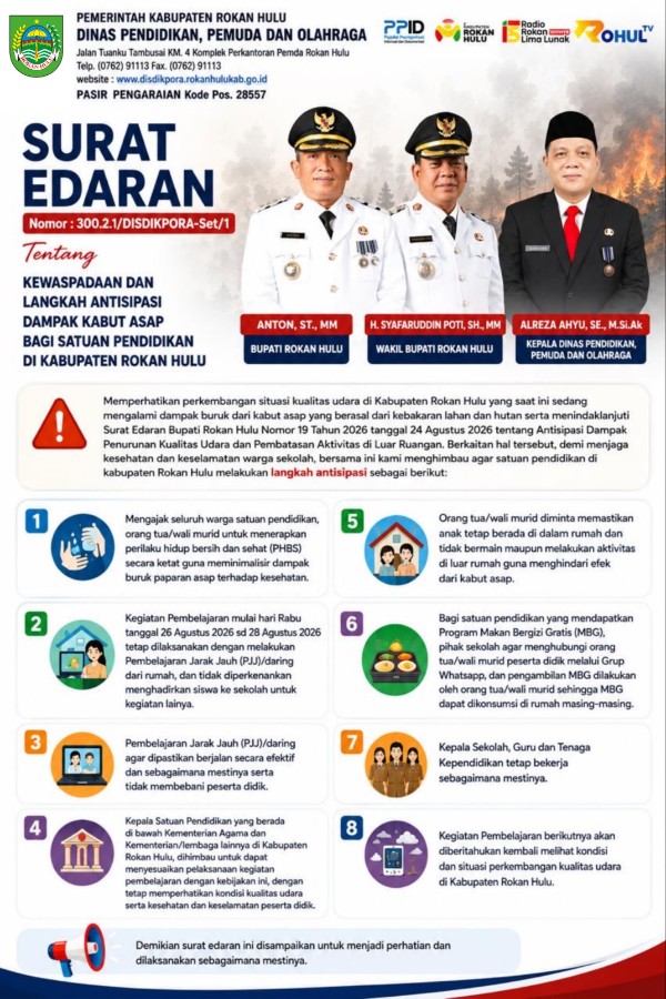 Arahan Bupati, Disdikpora Rohul Keluarkan Surat Edaran Antisipasi Kabut Asap